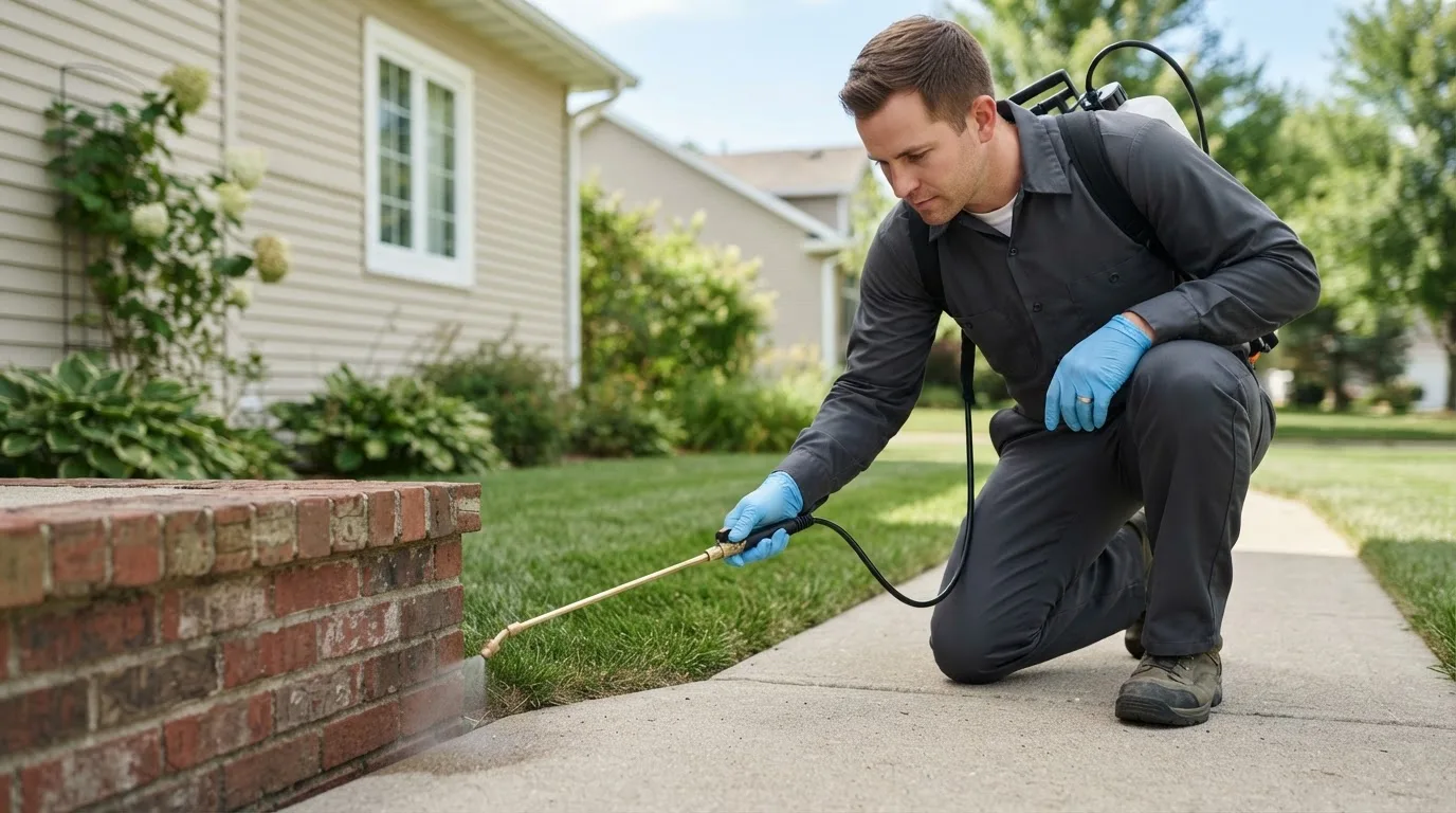 Pest control technician treating a home near London, WV